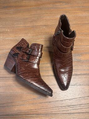 Sam Edelman Croc-Embossed Dark Brown Pointed Ankle Booties with Buckle Straps
